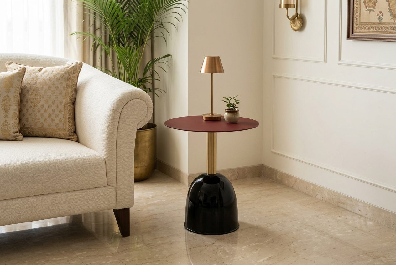 Garnet pedestal side table in a styled room