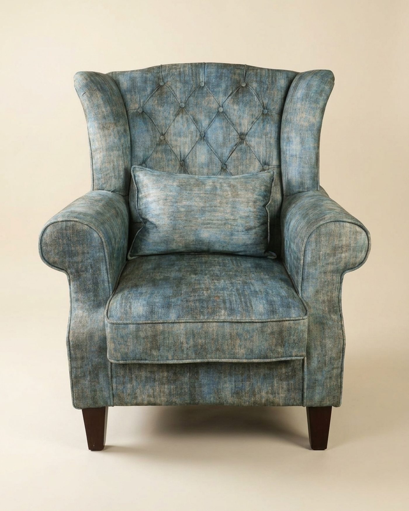 Glacier tufted wingback, studio photo