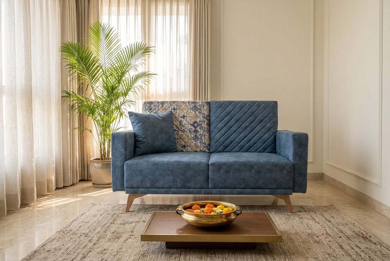 Indigo two-seat sofa in a styled room