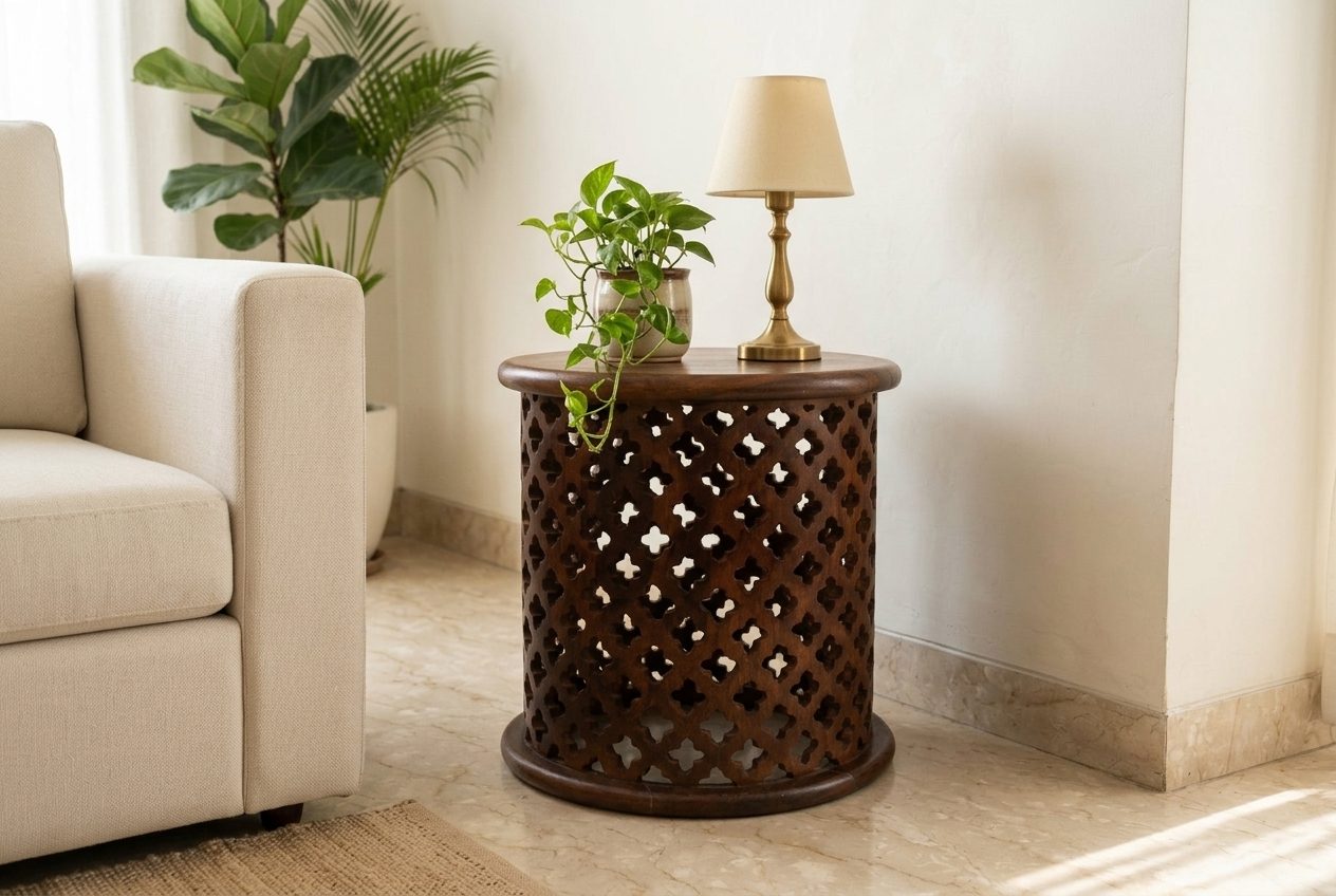 Jaali carved drum side table in a styled room