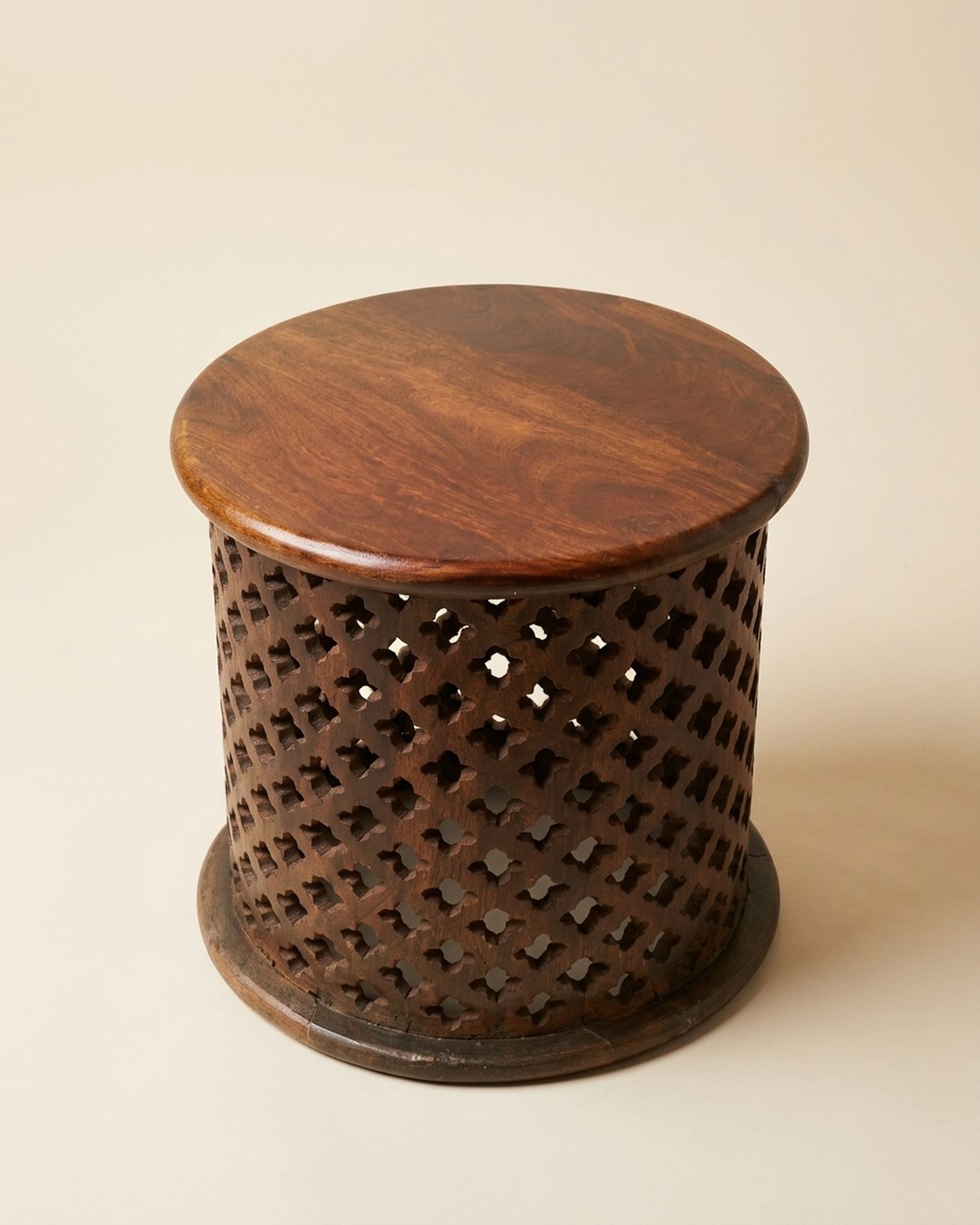 Jaali carved drum side table, view 2