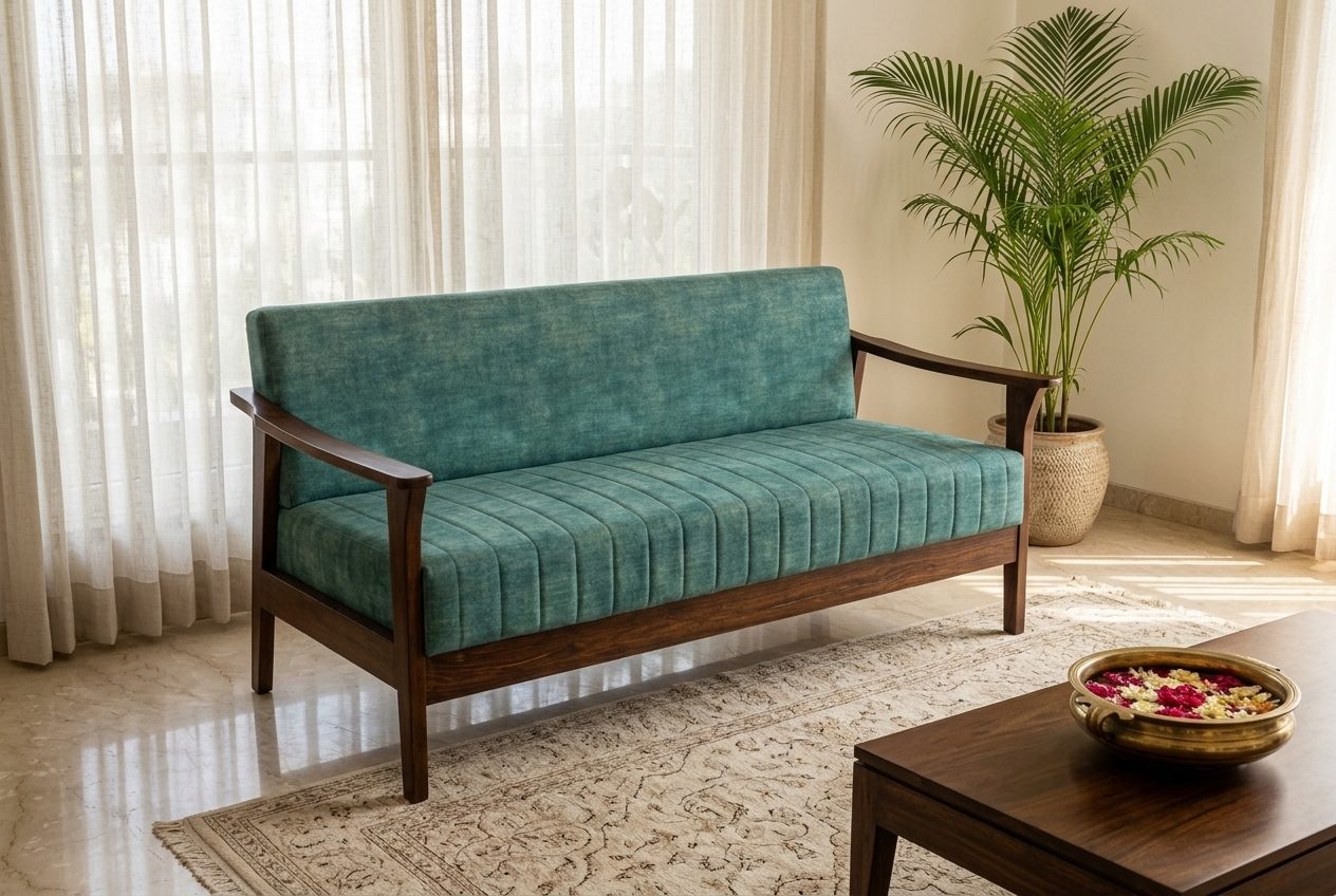 Jade wooden-frame sofa in a styled room