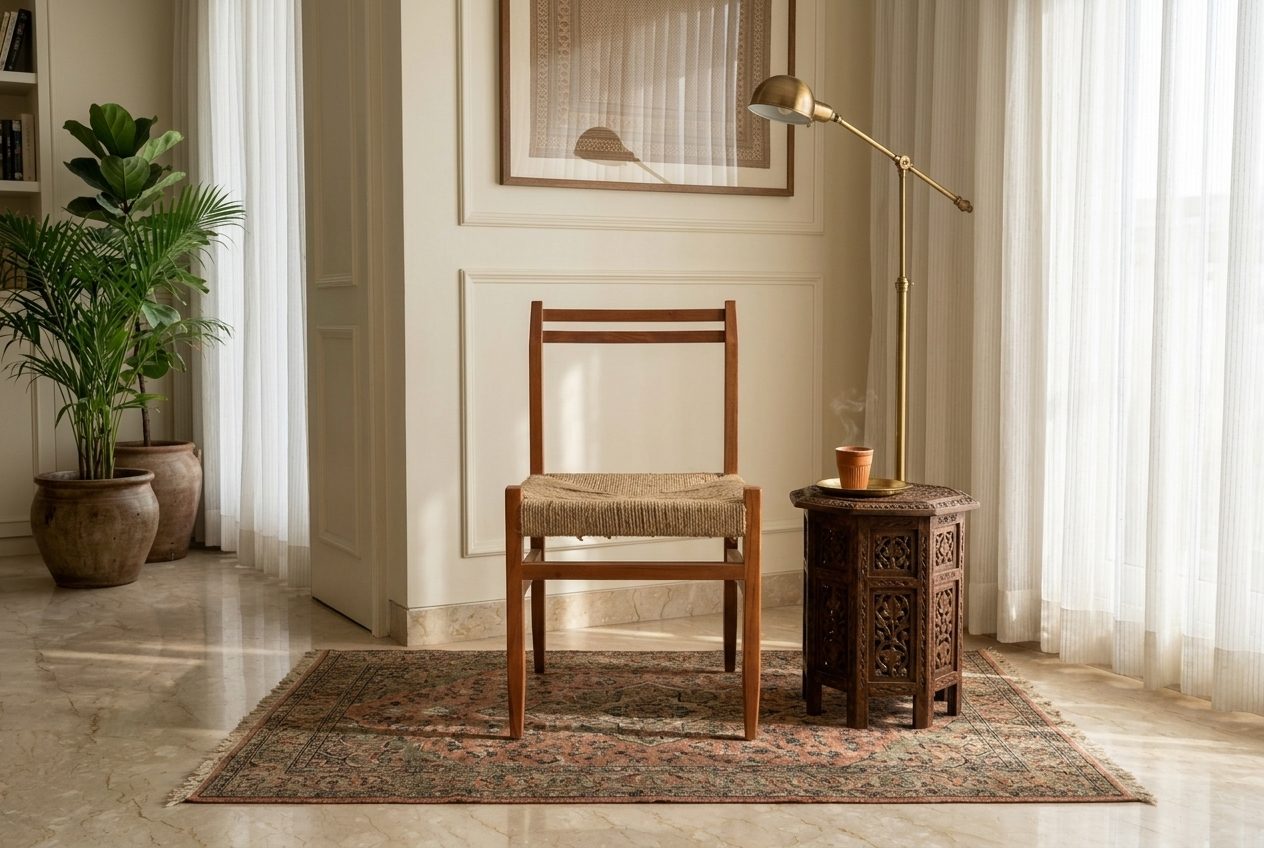Jute rush-seat chair in a styled room