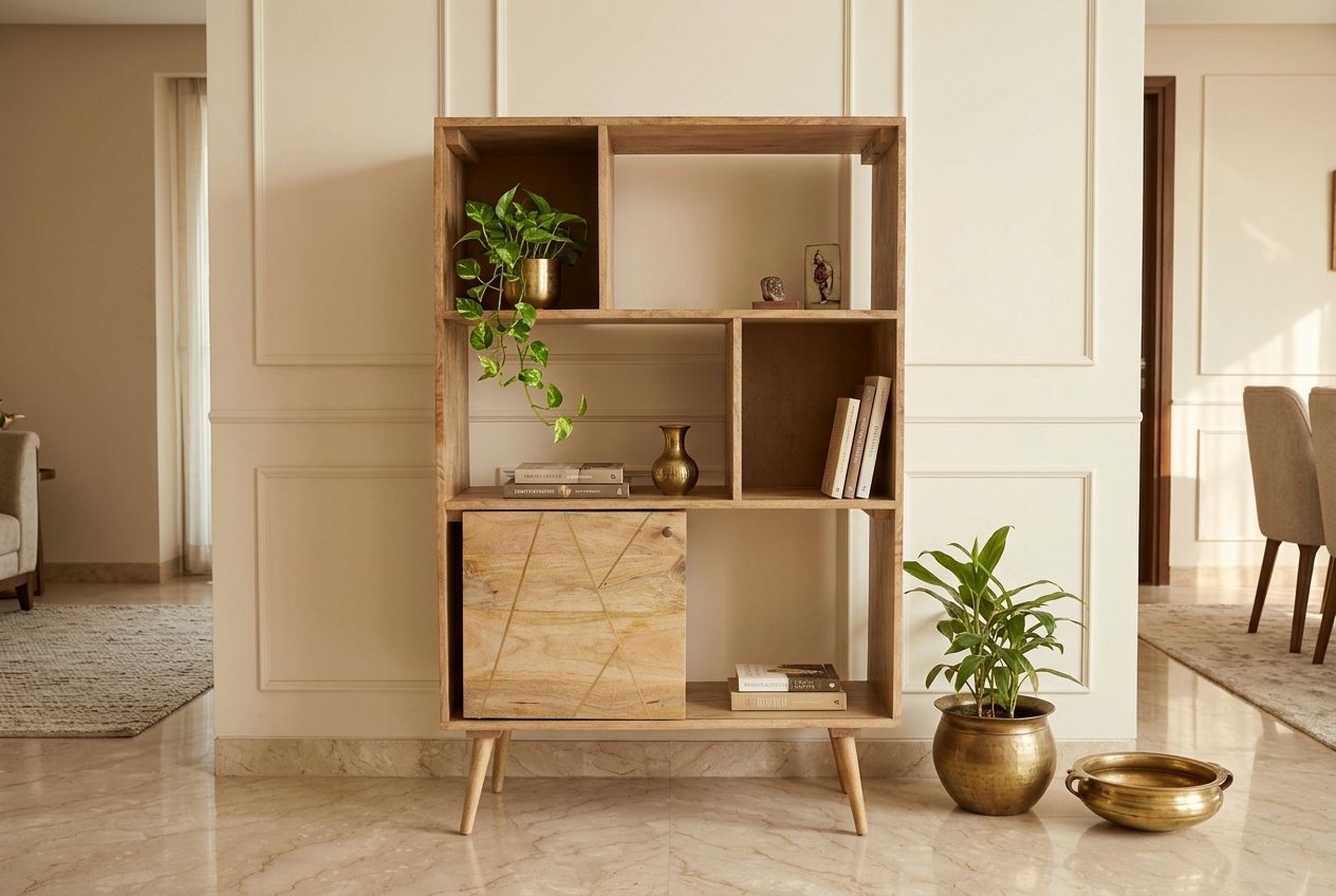 Ladder bookshelf in a styled room