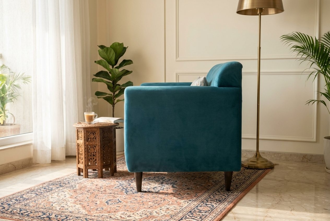 Lagoon velvet armchair in a styled room