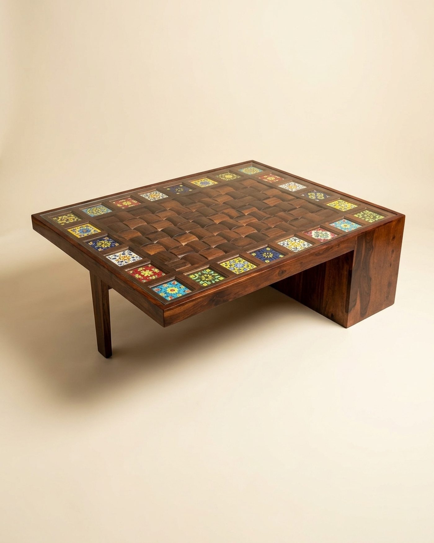 Majolica tile coffee table, studio photo