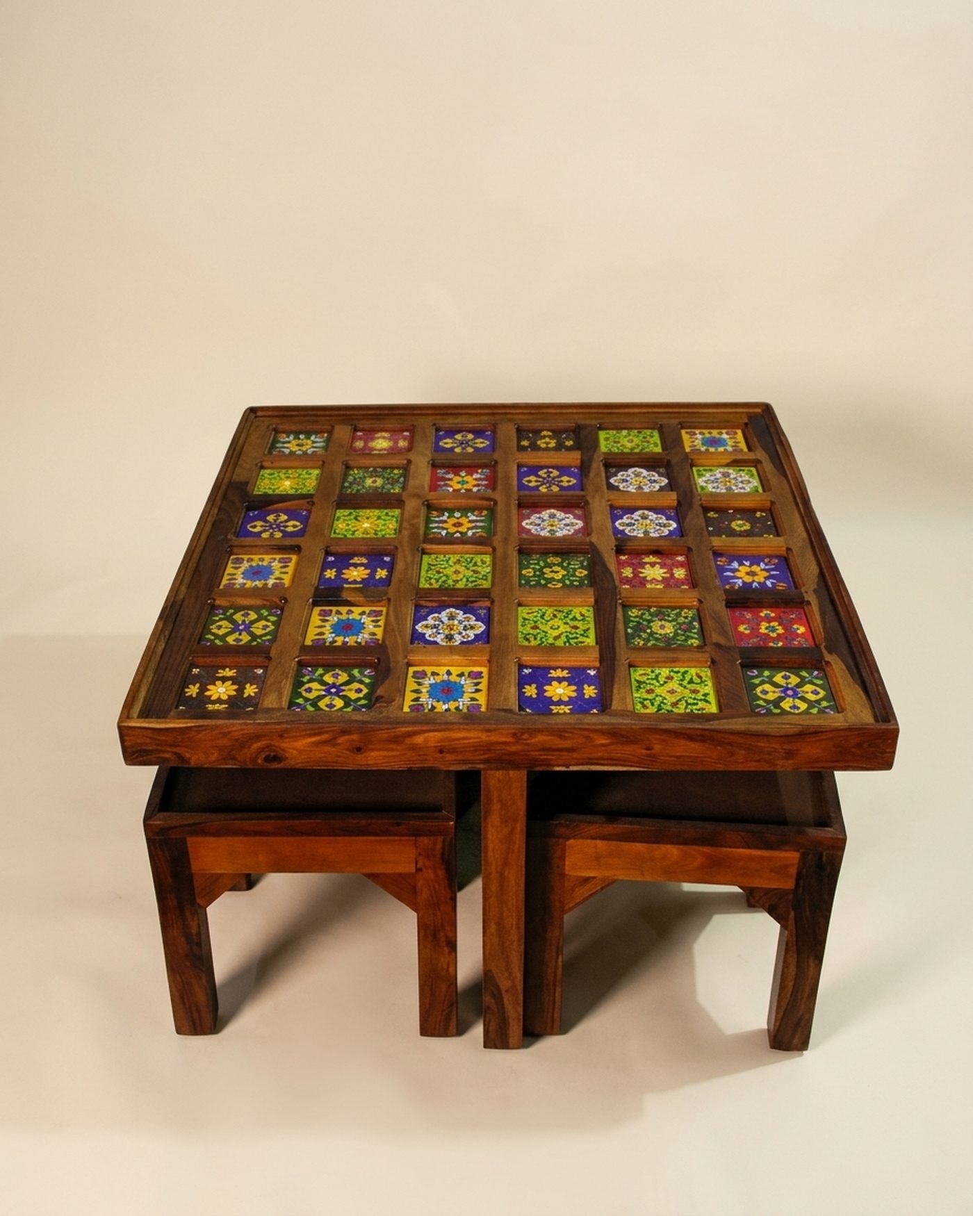 Mosaic tile-top coffee table set, studio photo
