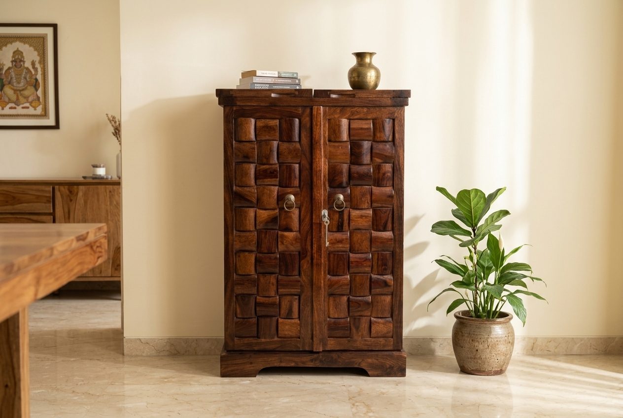 Mosaic Block carved cabinet in a styled room
