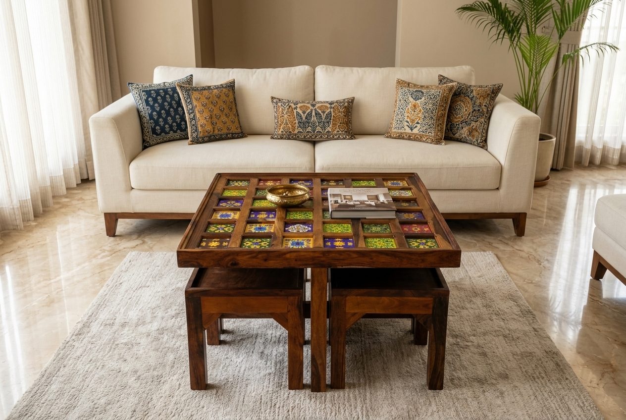 Mosaic tile-top coffee table set in a styled room