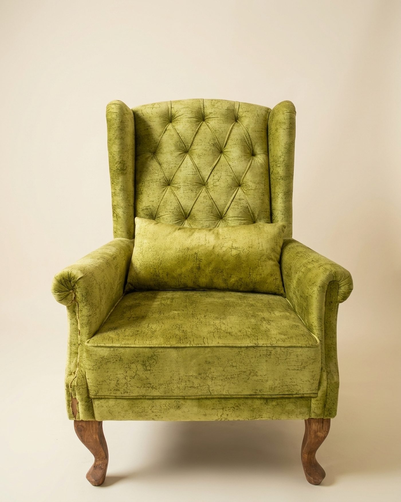 Moss tufted wingback, studio photo