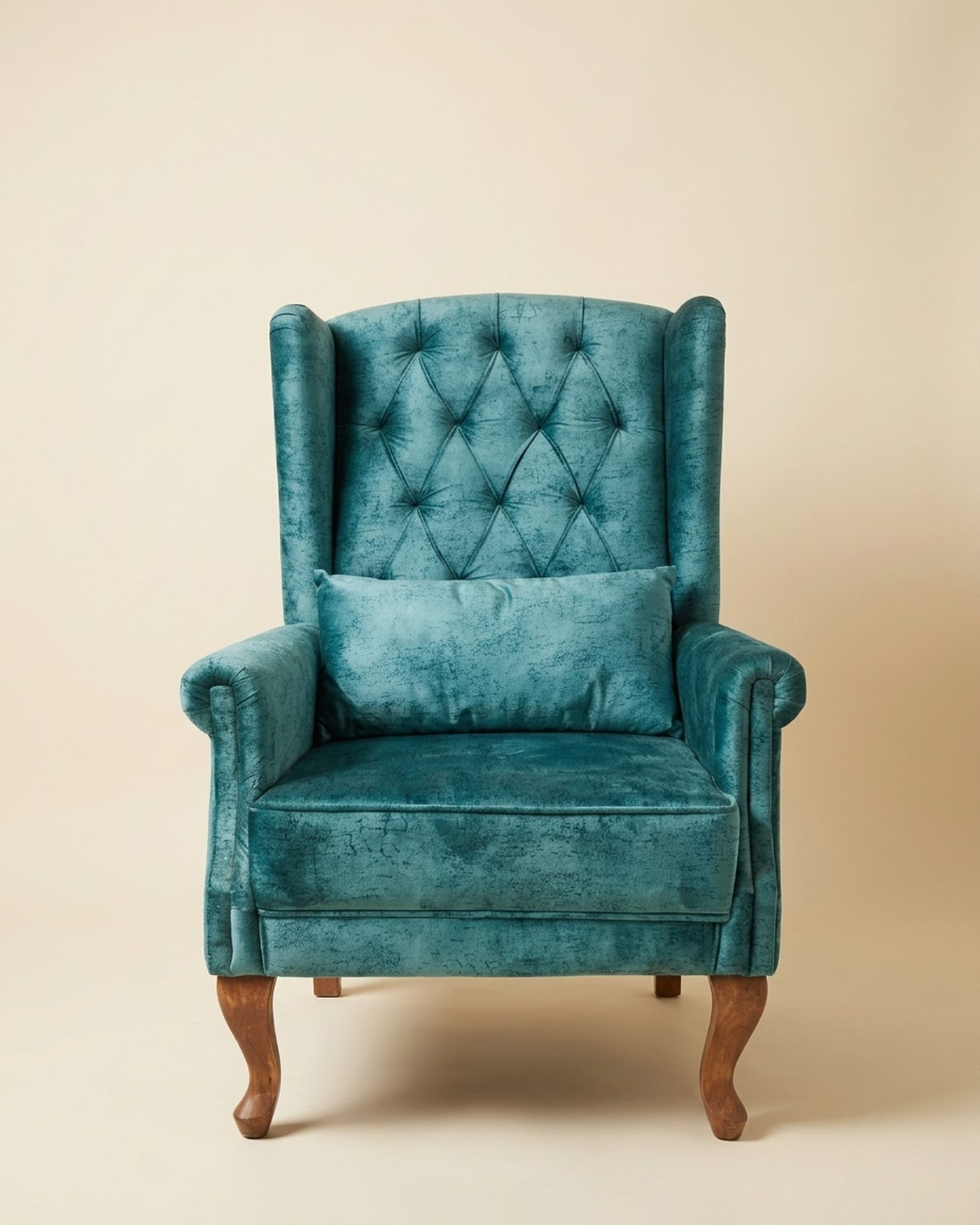 Peacock tufted wingback, studio photo