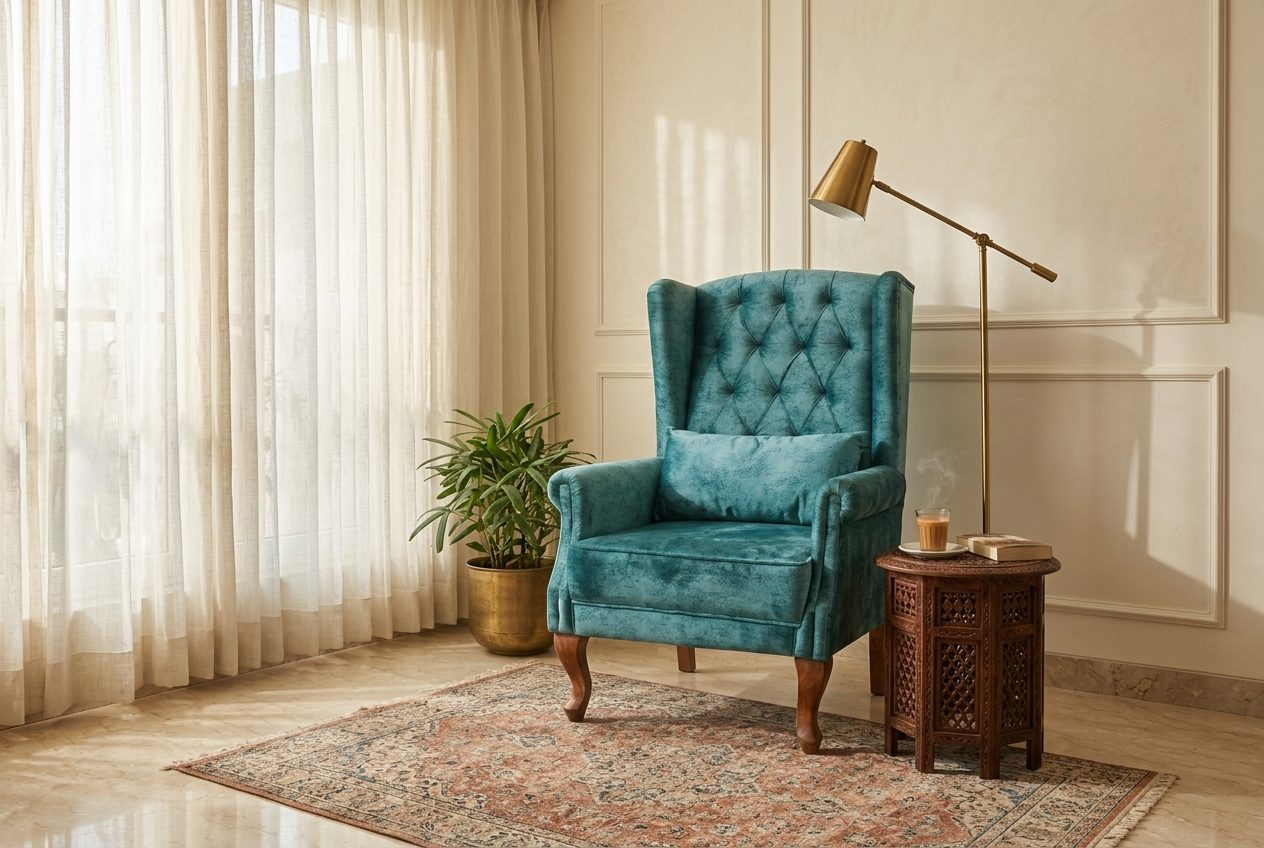 Peacock tufted wingback in a styled room
