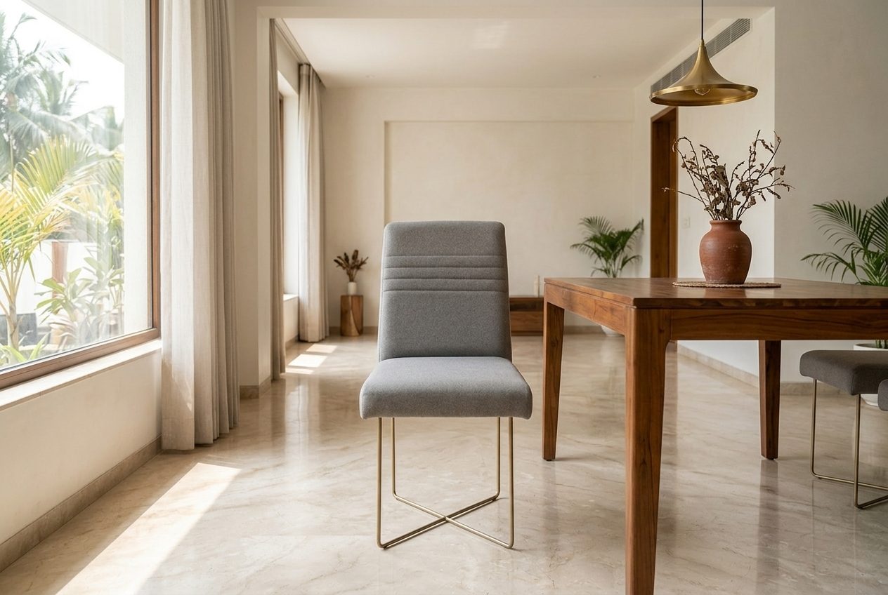 Pewter dining chair in a styled room