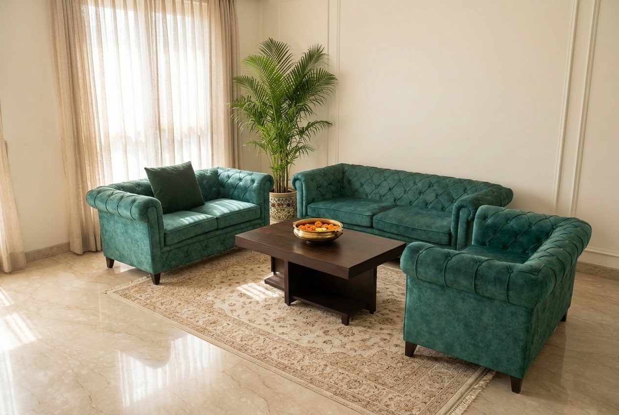 Pine chesterfield sofa set in a styled room