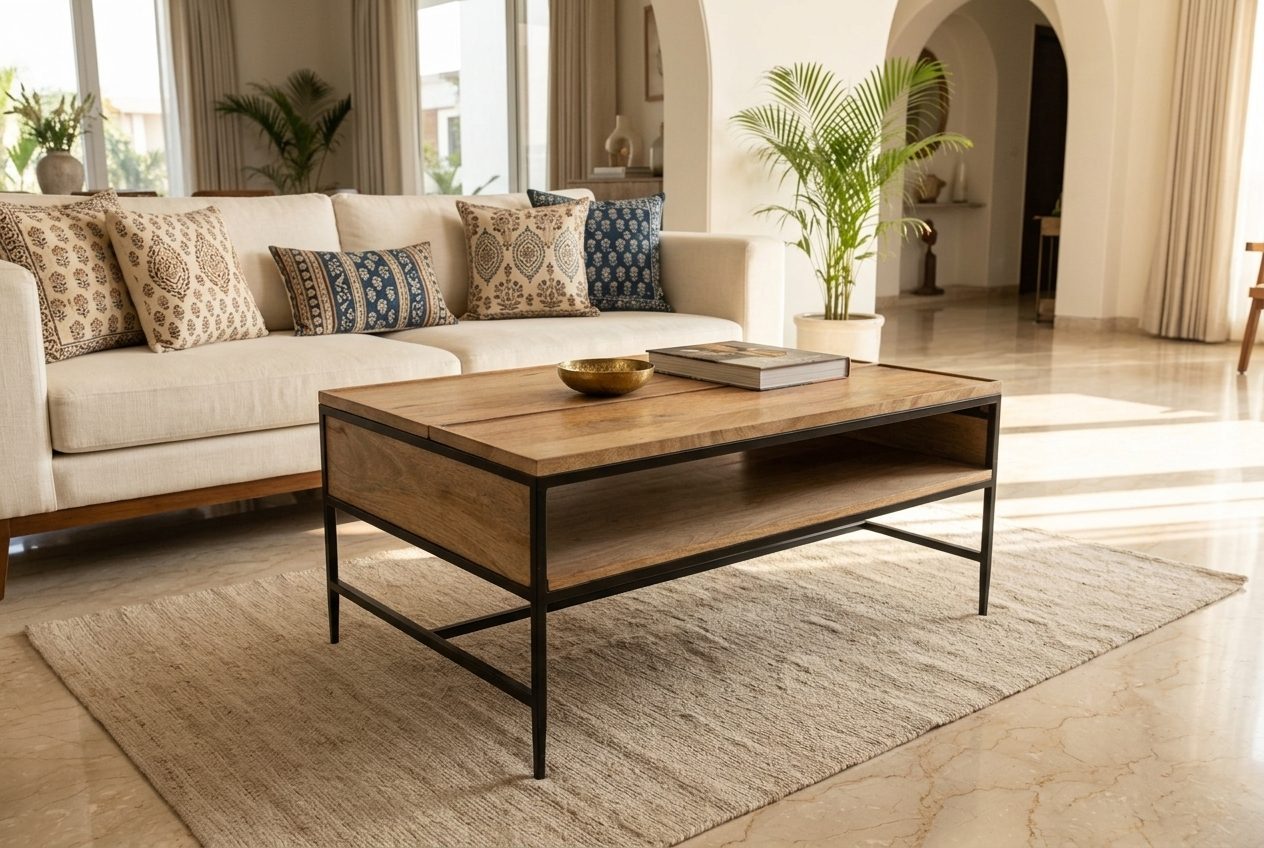 Plank coffee table in a styled room