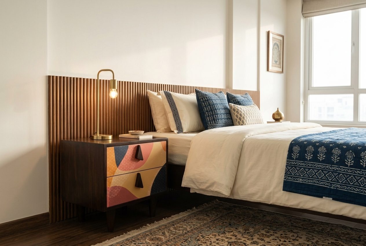 Pop printed bedside table in a styled room