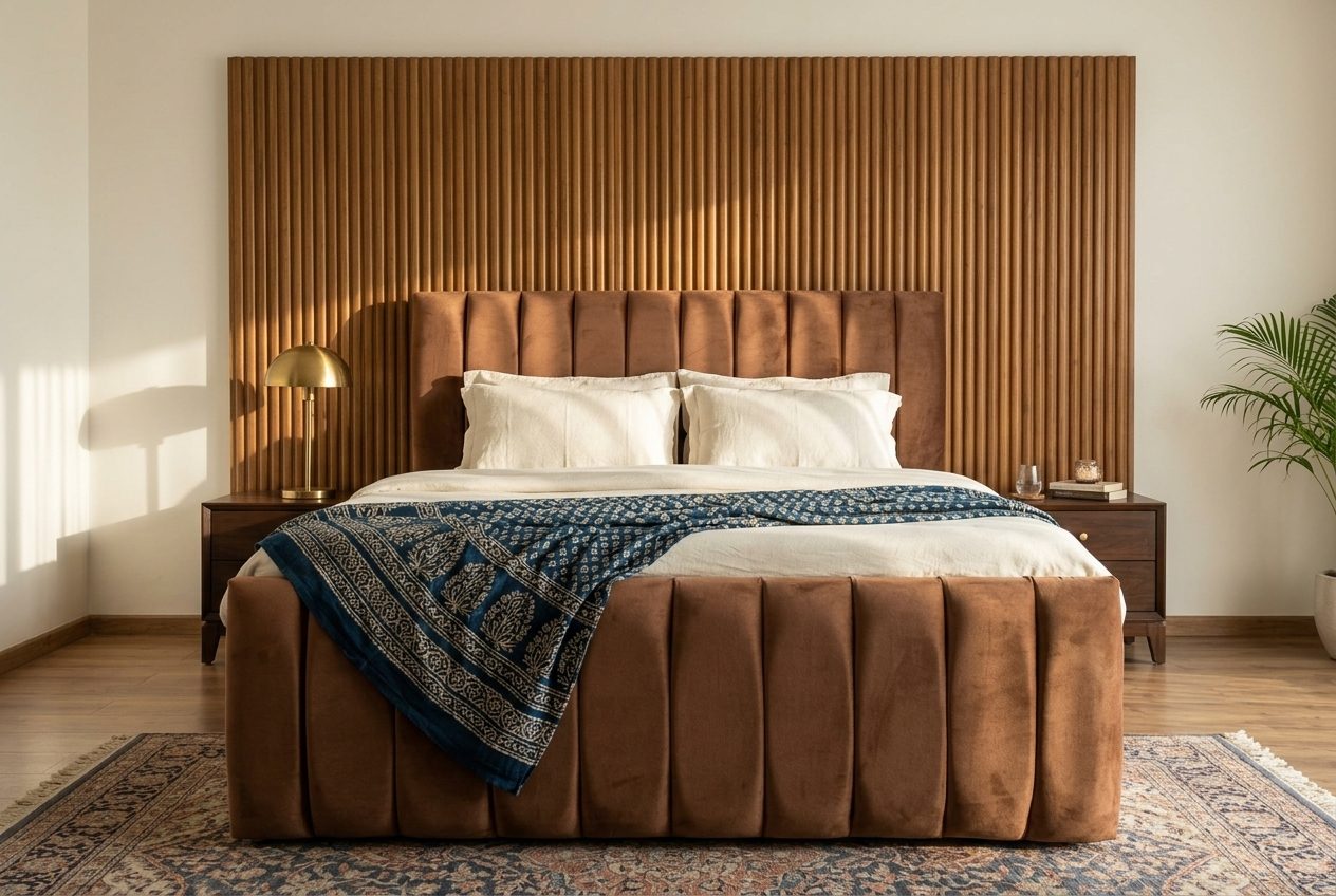 Ribbed channel-tufted bed in a styled room