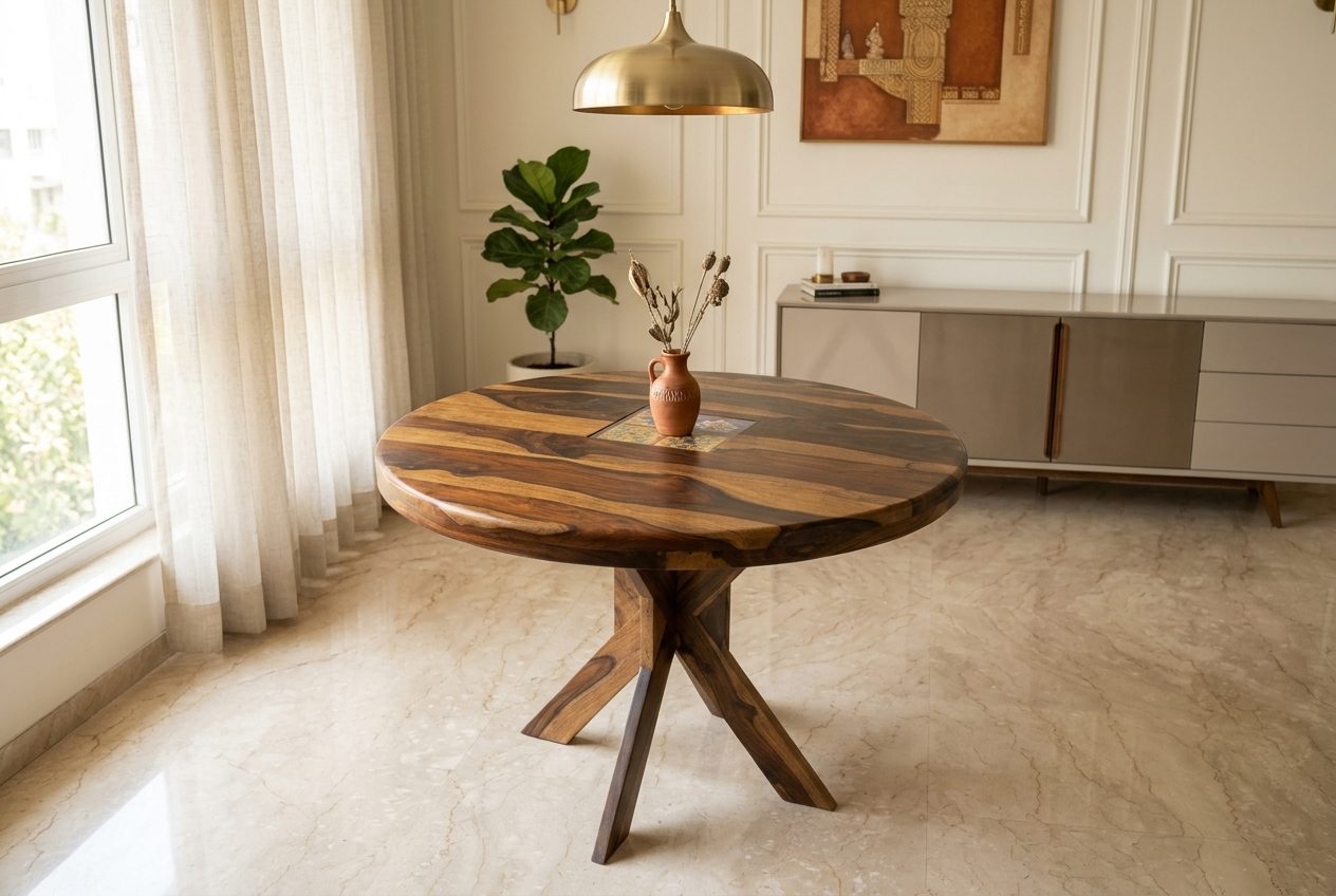 Rosewood round dining table in a styled room