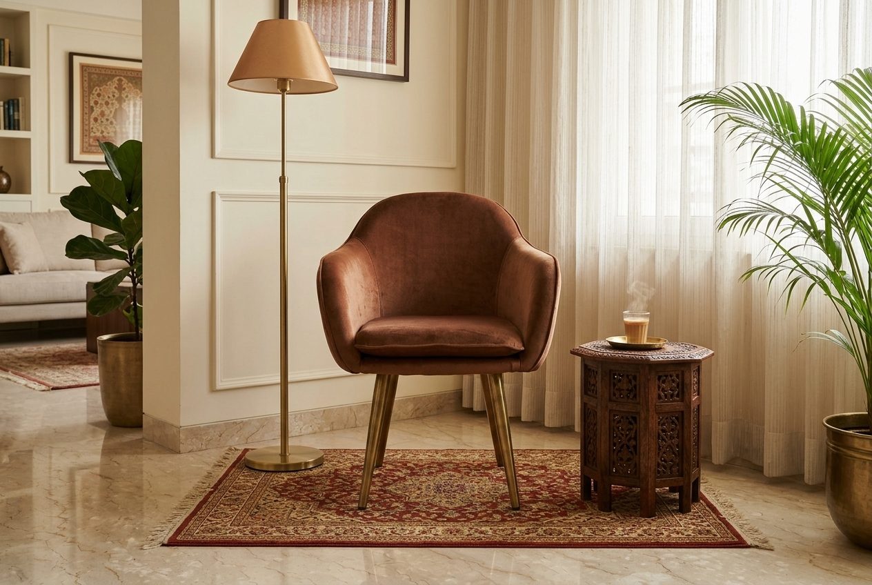 Rust velvet tub chair in a styled room