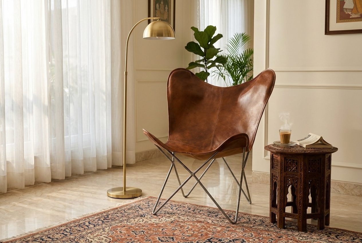 Saddle leather butterfly chair in a styled room