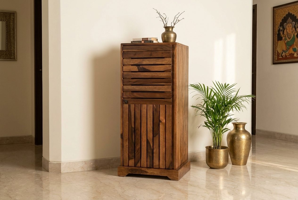 Slat tall cabinet in a styled room
