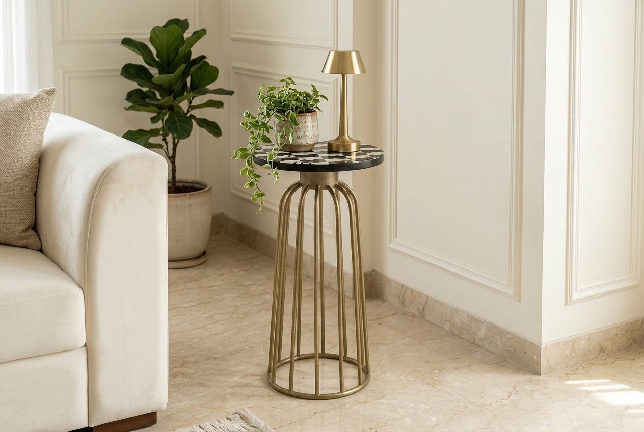 Spool side table in a styled room