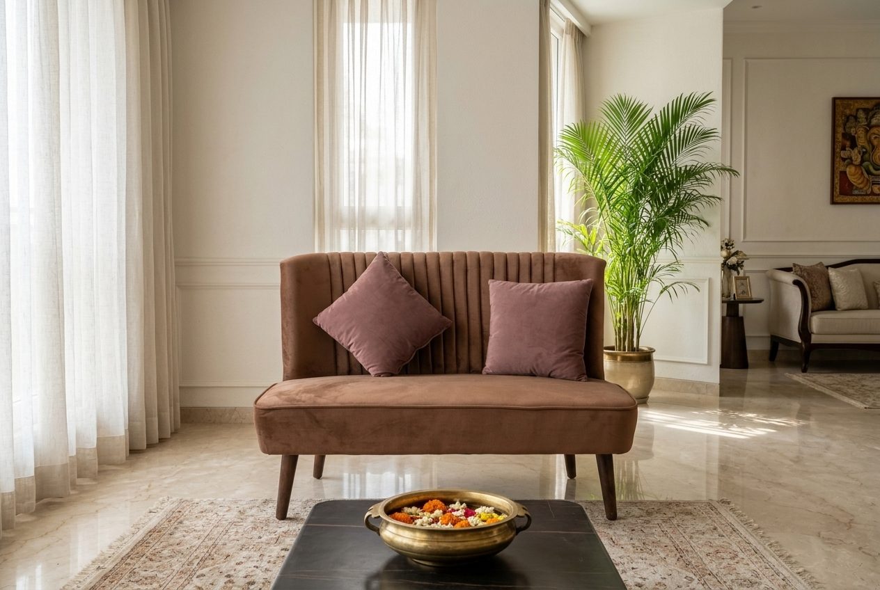 Tan loveseat in a styled room