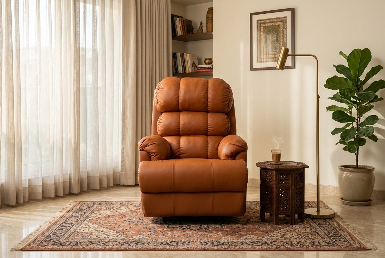 Tangerine leather recliner in a styled room