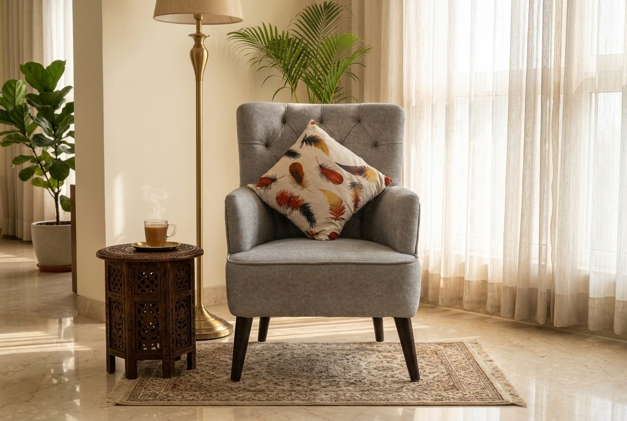 Taupe wingback chair in a styled room