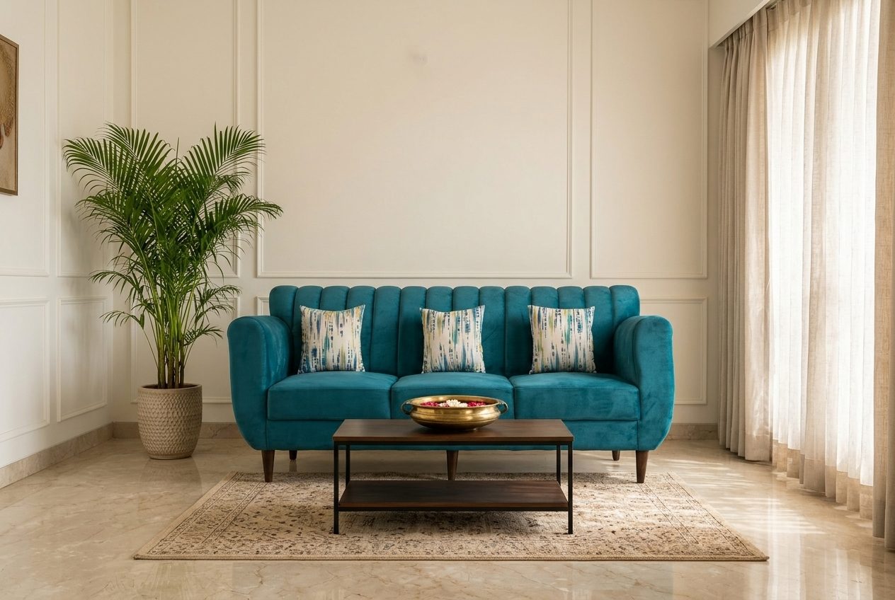 Teal channel-back sofa in a styled room
