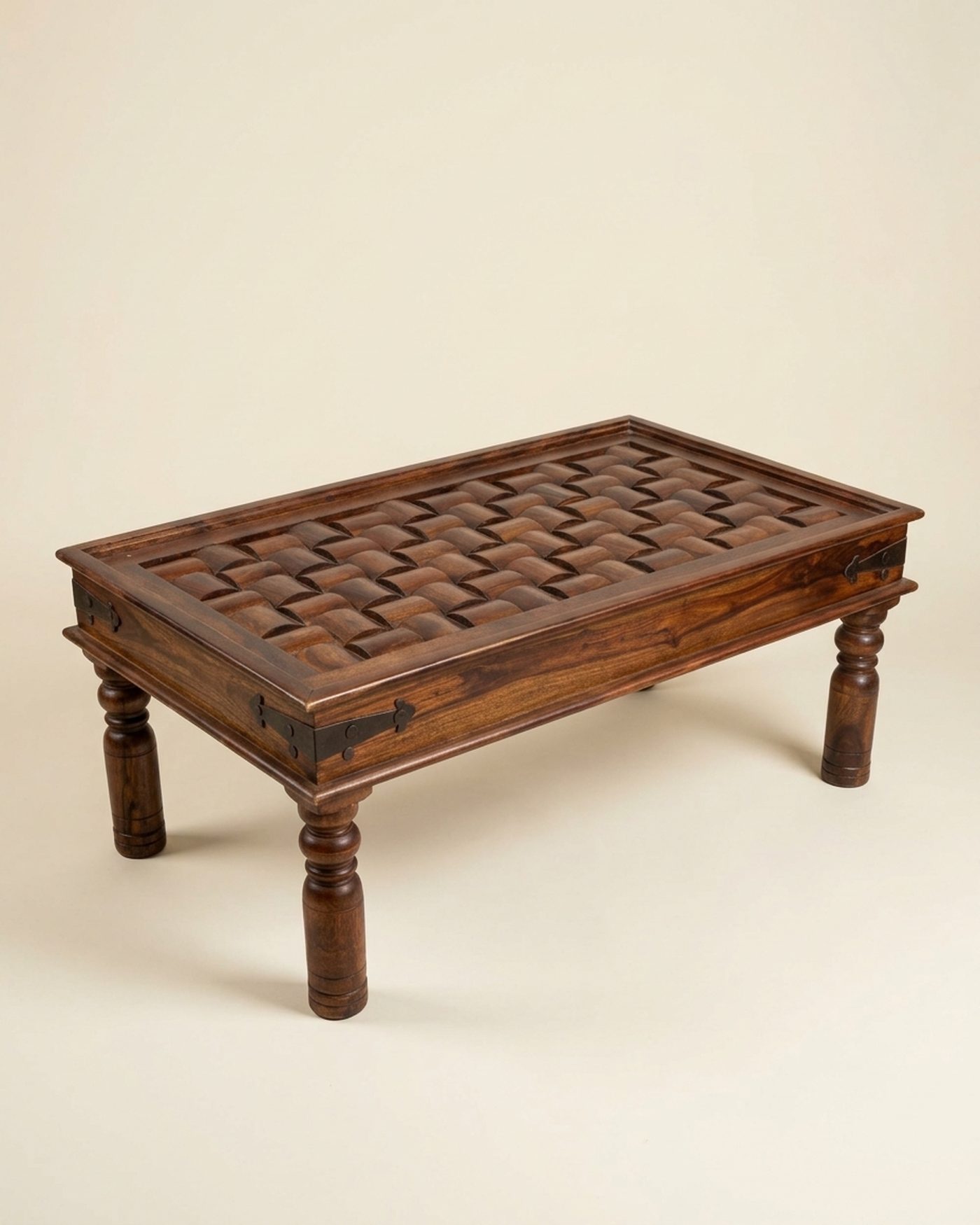 Trellis carved coffee table, studio photo