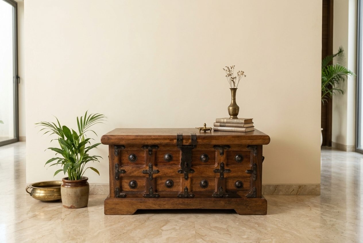 Trunk iron-bound chest in a styled room
