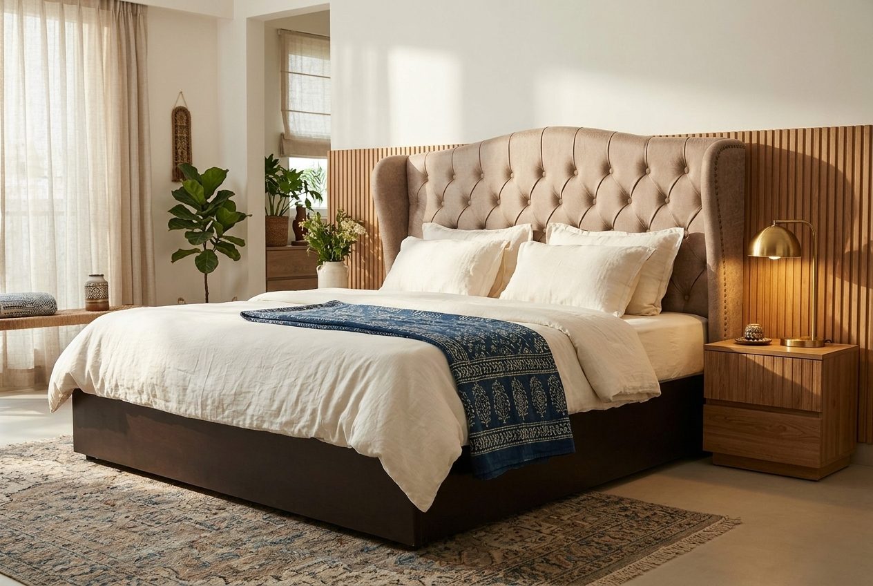 Tufted wing headboard bed in a styled room