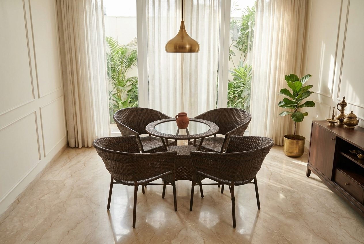 Verandah rattan café set in a styled room