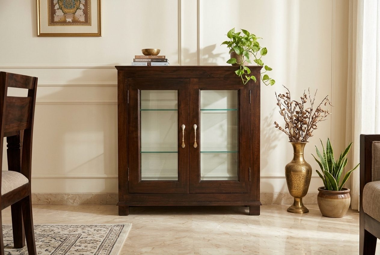 Vitrine glass-door cabinet in a styled room