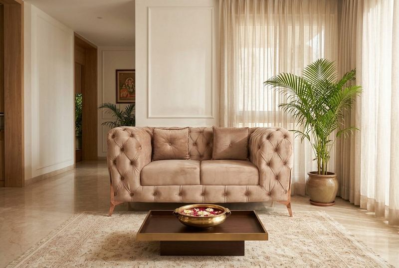 Blush tufted loveseat in a styled room