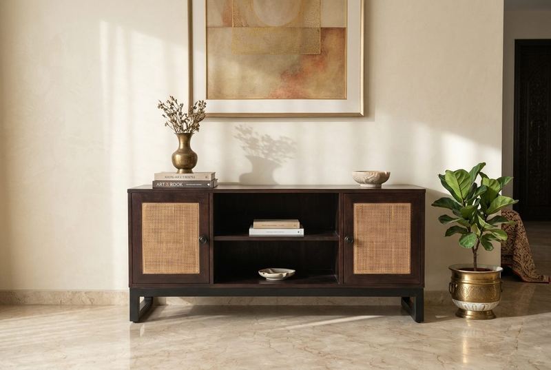 Noir media unit in a styled room