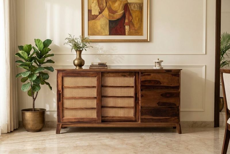 Rattan sideboard in a styled room