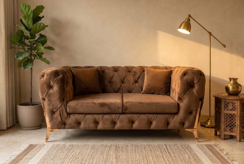 Cocoa chesterfield loveseat in a styled room