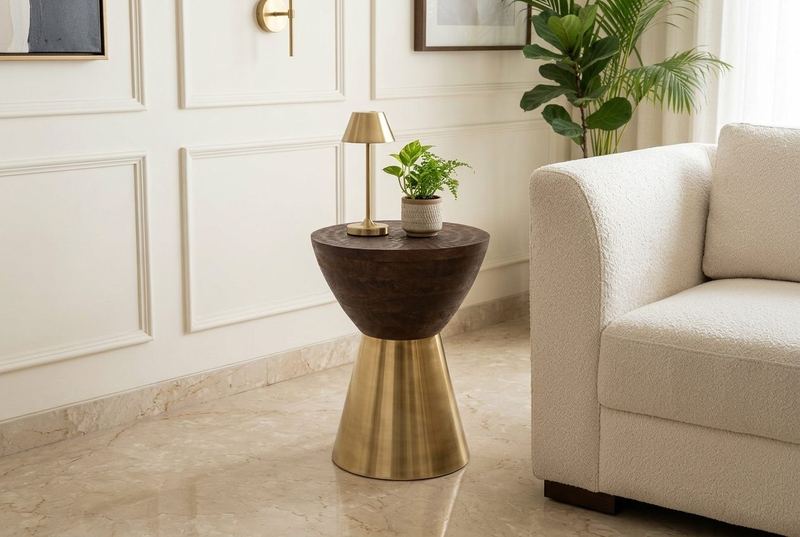 Drum side table in a styled room