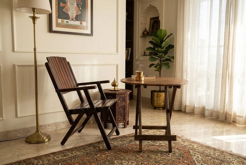 Balcony folding table and chairs in a styled room