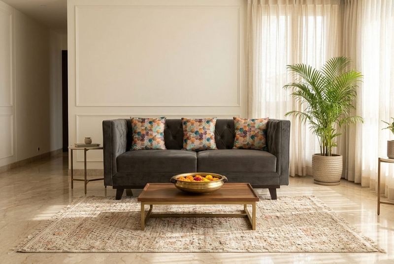 Charcoal tufted sofa in a styled room