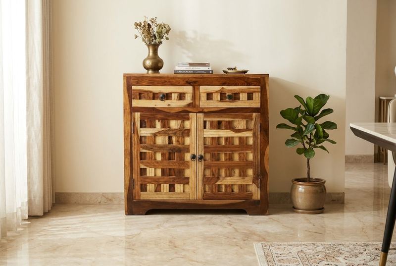 Checker sheesham cabinet in a styled room