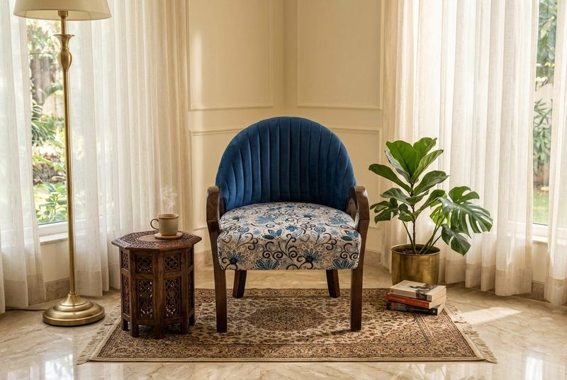 Delft floral accent chair in a styled room