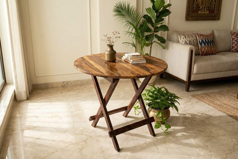 Grainy round sheesham table in a styled room