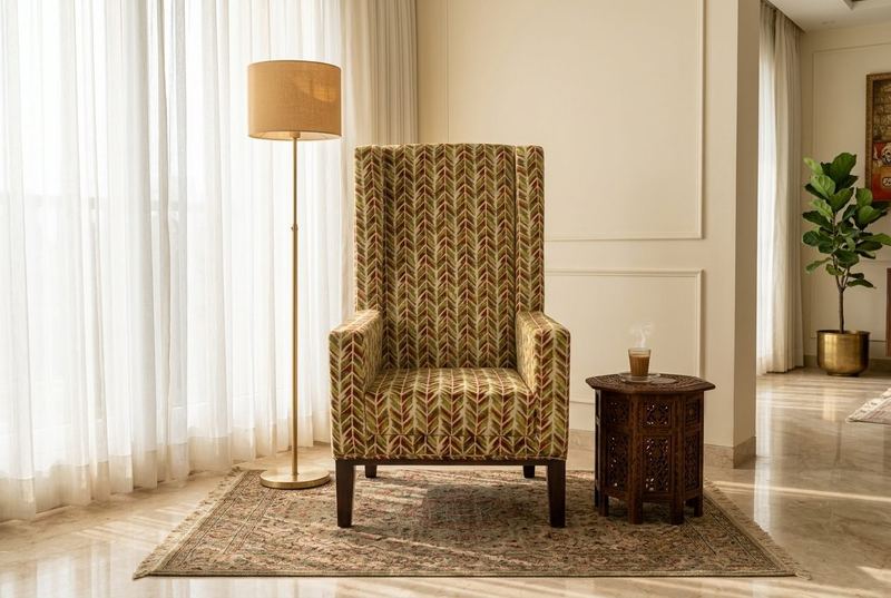 Herringbone wingback chair in a styled room