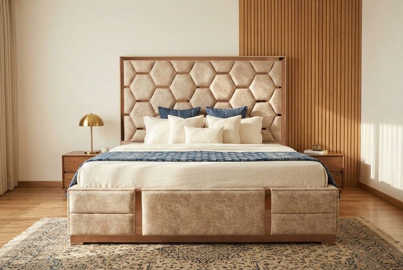 Hive honeycomb upholstered bed in a styled room