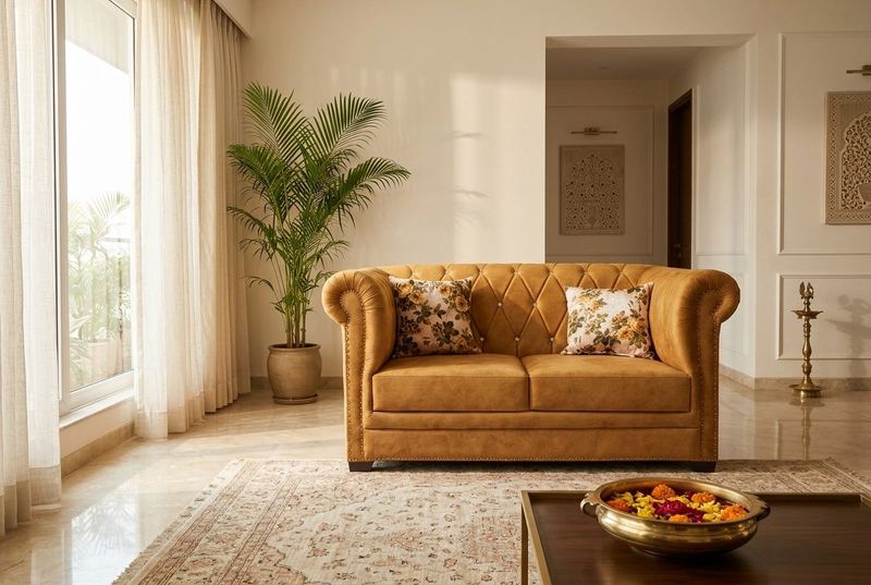 Honey chesterfield loveseat in a styled room