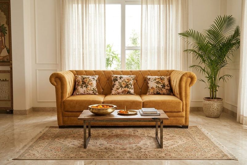 Honey Three chesterfield three-seater in a styled room