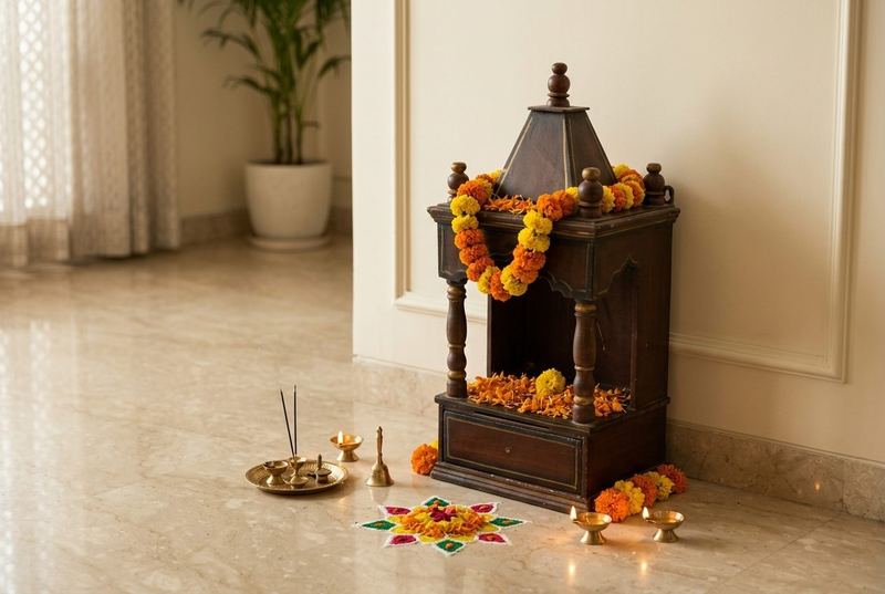 Kalash pooja unit in a styled room